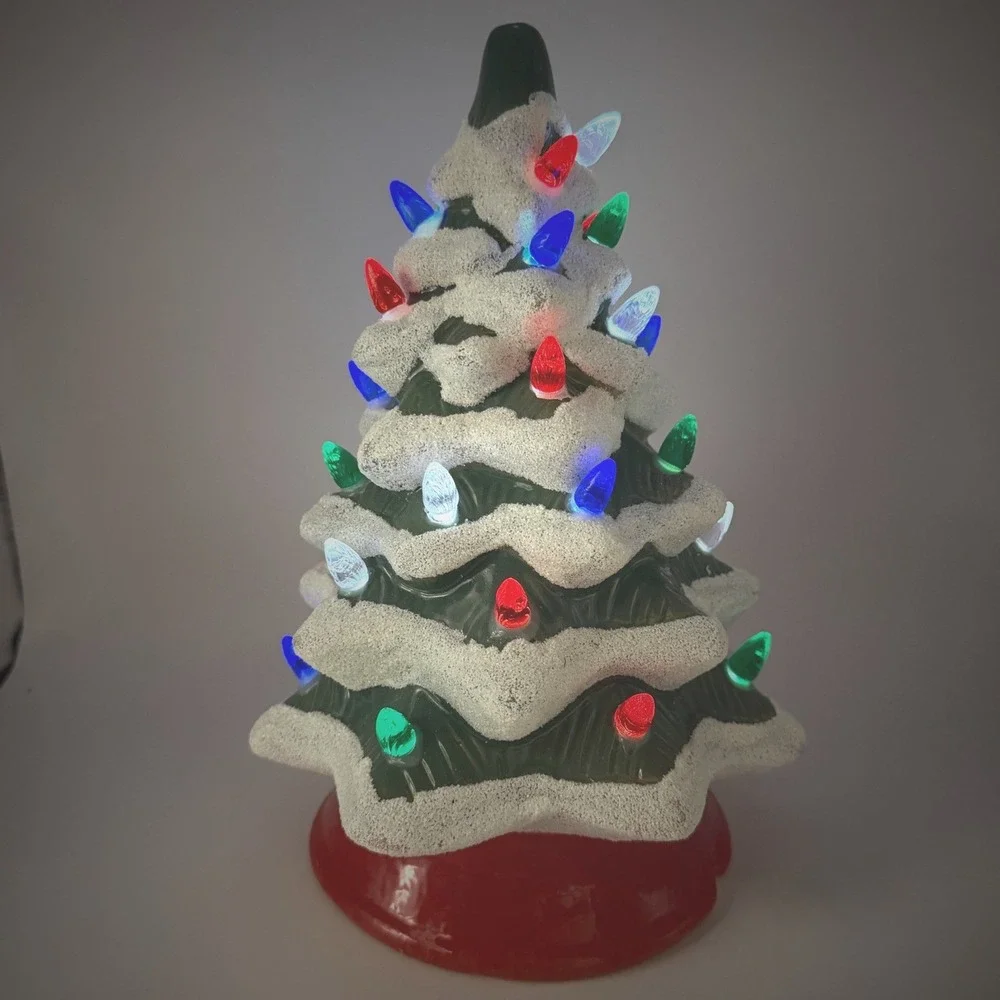 Ceramic Mold Light Up Flocked Christmas Tree Green Red 10.5 inch